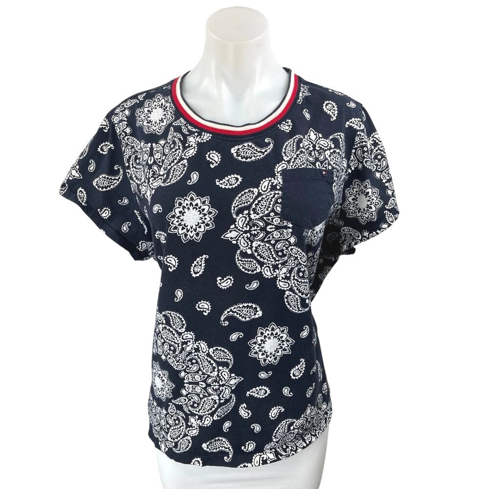 Tommy Hilfiger Black Red Paisley Print Loose Fit Pocket T Shirt Tee Top Size XL